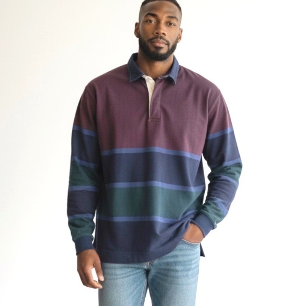 Purple Blue Rugby Shirt Men XL Long Sleeve Preppy 80s Collegiate Blokecore Retro